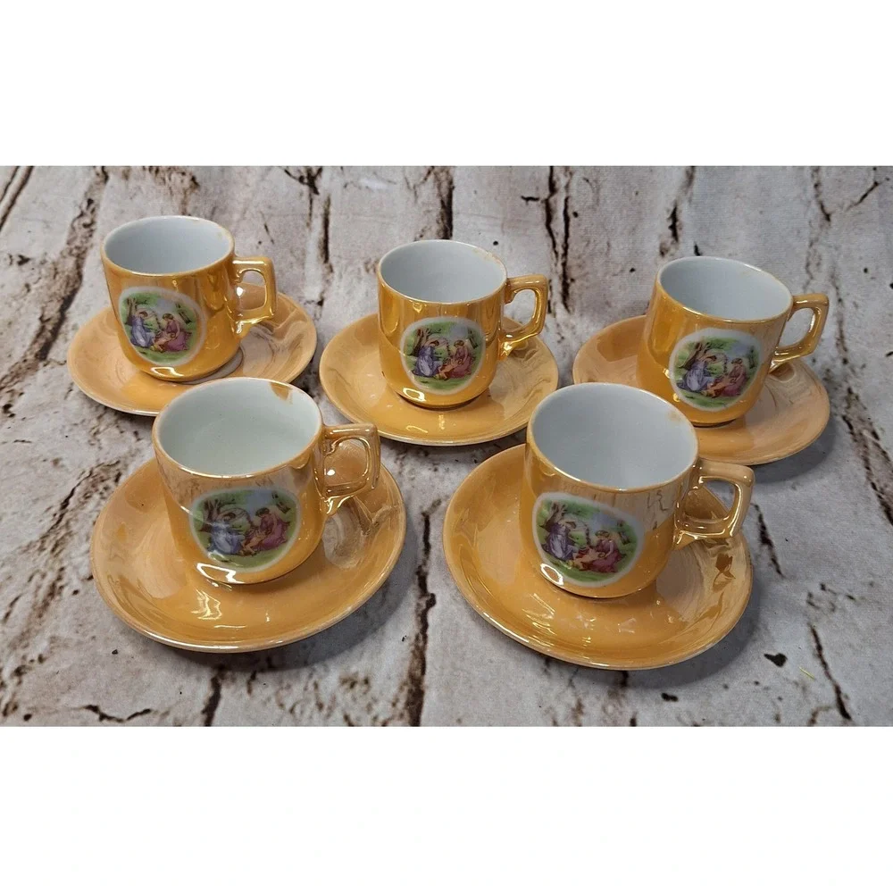 Vintage Japan Lusterware Demitasse Set 5 Cups Saucers Peach Iridescent Classical